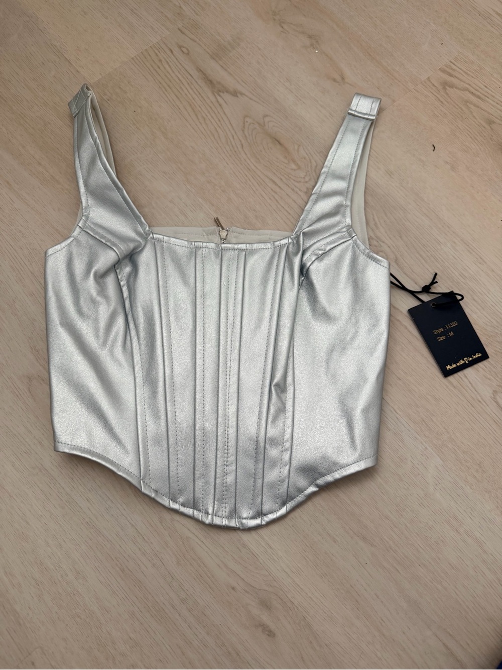 NEW Japna Metallic Silver Corset Top NWT faux leather medium